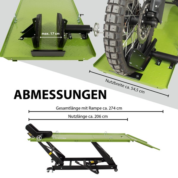 Abmessungen einer Motorradhebebühne mit Angaben zu maximaler Reifenbreite, Nutzbreite und Gesamtlänge mit Rampe