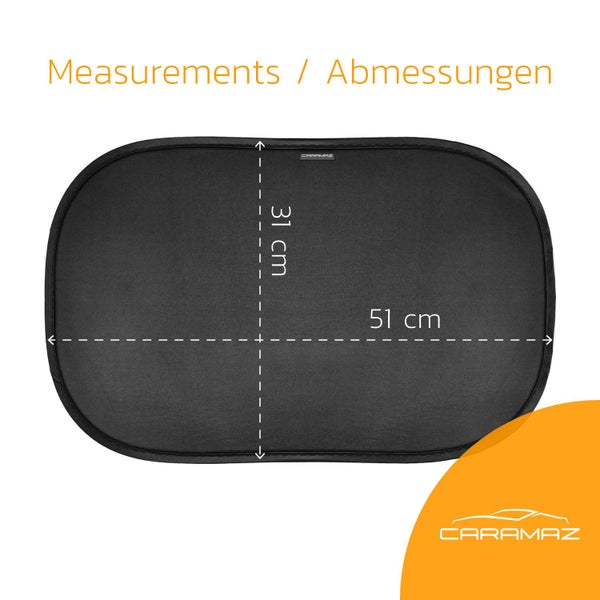 Caramaz Sonnenschutz für Autofenster mit Maßangaben 51 Zentimeter Breite und 31 Zentimeter Höhe.