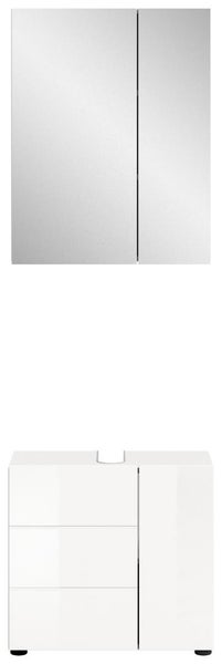 Badezimmermöbel-Set bestehend aus einem zweitürigen Spiegelschrank und einem Unterschrank mit drei Schubladen und einer Tür.