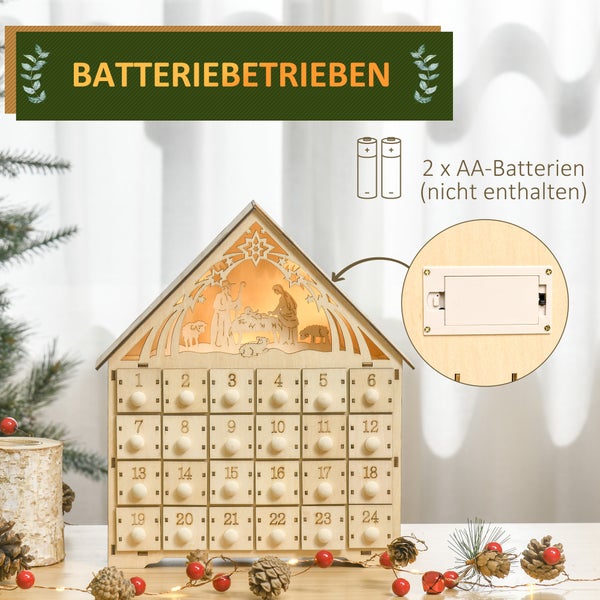 Adventskalender aus Holz in Hausform mit 24 Schubladen und beleuchteter Krippenszene, batteriebetrieben mit zwei AA Batterien.