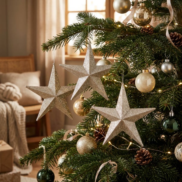 Weihnachtsbaum mit glitzernden Sternanhängern und verschiedenen Christbaumkugeln in einem festlich dekorierten Wohnzimmer.