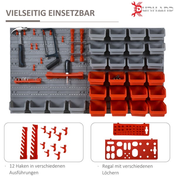 DURHAND, Wandregal mit Stapelboxen, Werkzeuglochwand, 54B x 22T x 95H cm, Kunststoff, Rot