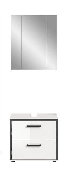 Badmöbel-Set bestehend aus einem dreitürigen Spiegelschrank und einem Waschbeckenunterschrank mit zwei Schubladen und schwarzen Griffen.
