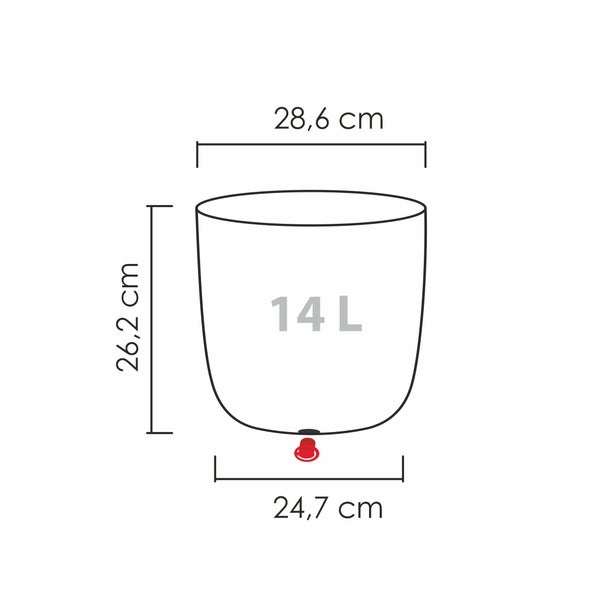 Maßzeichnung eines Pflanzgefäßes mit 14 Liter Volumen, Höhe 26,2 Zentimeter, oberer Durchmesser 28,6 Zentimeter und Bodenbreite 24,7 Zentimeter.
