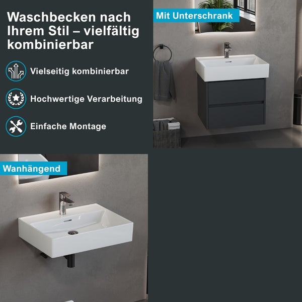 Weißes Keramik-Waschbecken in zwei Varianten: wandhängend oder mit dunkelgrauem Unterschrank. Vielseitig, hochwertig und einfach zu montieren.