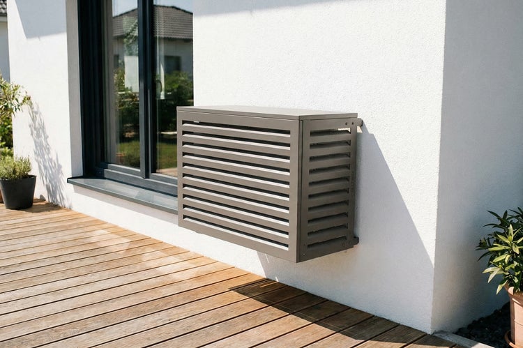 Wandmontierte Klimaanlagenabdeckung mit horizontalen Lamellen neben einem Fenster auf einer Terrasse.