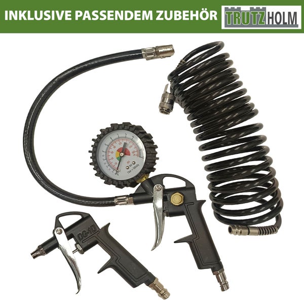 Druckluft-Zubehörset von Trutzholm mit Reifenfüllmessgerät, Ausblaspistole und Spiralschlauch. Trutzholm Logo.