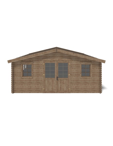 Blockhaus aus Holz mit Satteldach, Doppeltür mit Fenstern und zwei Einzelfenstern.