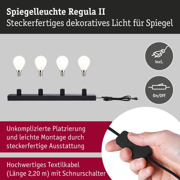Spiegelleuchte Regula II, vierflammig, mit Stecker und 2,20 Meter Textilkabel inklusive Schnurschalter.