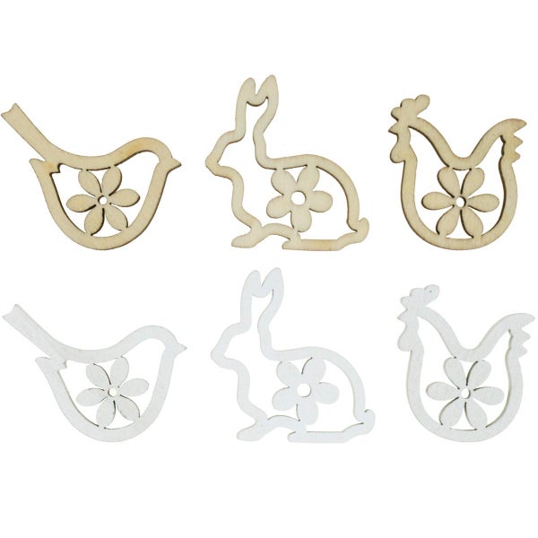 Dekorationselemente aus Holz: Vogel, Hase und Huhn mit Blumendesign