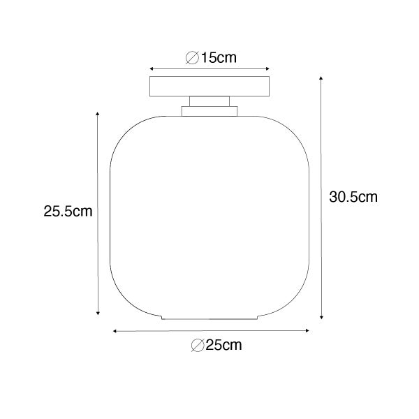 Technische Zeichnung einer Deckenleuchte mit den Maßen 25,5 cm Höhe, 30,5 cm Länge, Durchmesser unten 25 cm und Durchmesser oben 15 cm.