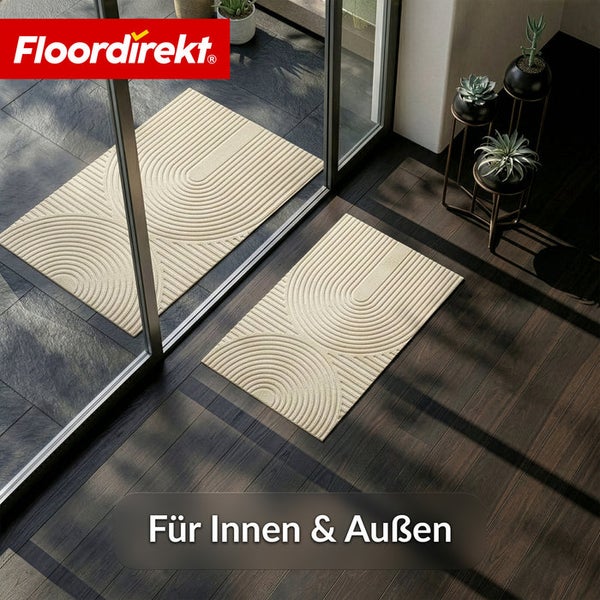 Floordirekt Logo. Zwei strukturierte Fußmatten mit geometrischem Muster für den Innenbereich und Außenbereich vor einer Glastür.