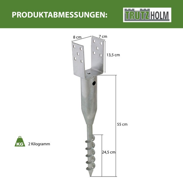 Trutzholm Einschraub Bodenhülse aus Stahl verzinkt mit Produktabmessungen für Pfosten 8 mal 7 Zentimeter bei 55 Zentimeter Gesamtlänge.