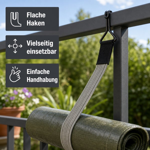 Praktischer Tragegurt mit Haken für Balkongeländer zum einfachen Aufhängen einer aufgerollten Matte, vielseitig einsetzbar.