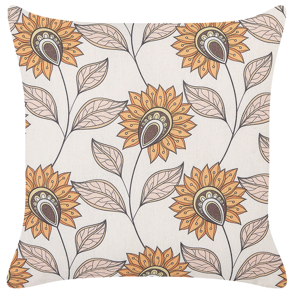 Quadratisches Zierkissen mit einem floralen Muster aus stilisierten Sonnenblumen und Blättern.