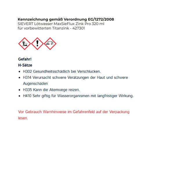 Gefahrzeichen Sievert Lötwasser MaxSieFlux Zink Pro