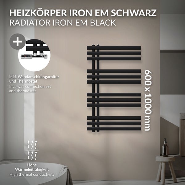 LuxeBath Badheizkörper Iron EM 600x1000 mm Schwarz matt Mittelanschluss mit Anschlussgarnitur und Thermostat Eck Wand, Design Heizkörper Bad Heizung Handtuchwärmer Handtuchtrockner Handtuchheizkörper