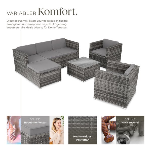 Rattan Lounge tectake Lignano variabel aufstellbar für 5 bis 6 Personen grau