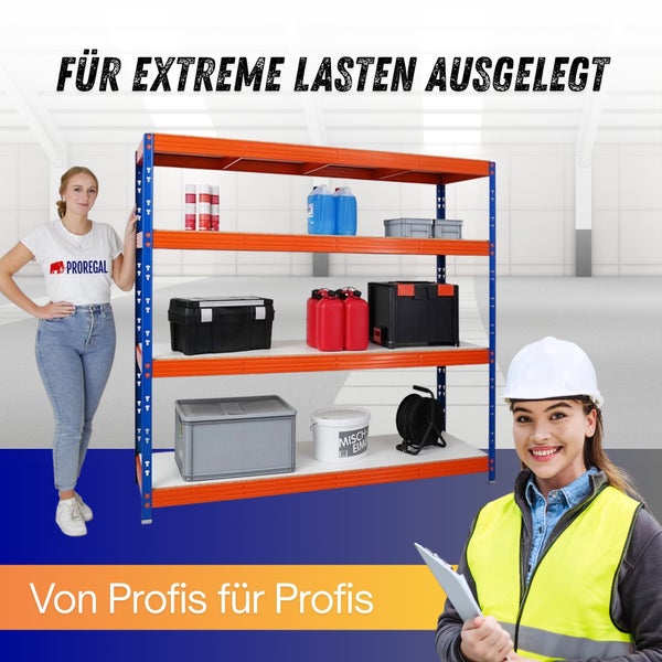 Stabiles Schwerlastregal aus Metall mit blauen Stützen und orangefarbenen Querbalken, geeignet für hohe Lasten im Lager oder in der Werkstatt.