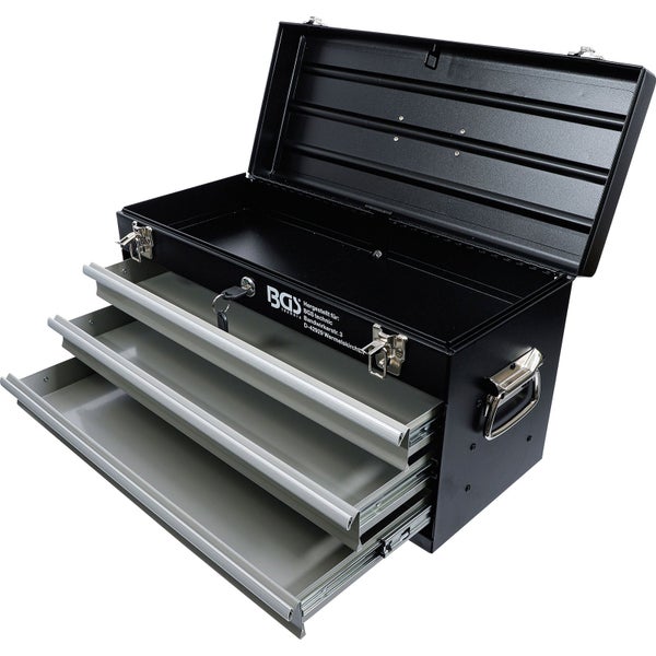 Schwarze Werkzeugkiste aus Metall mit Tragegriff oben und seitlichen Griffen.