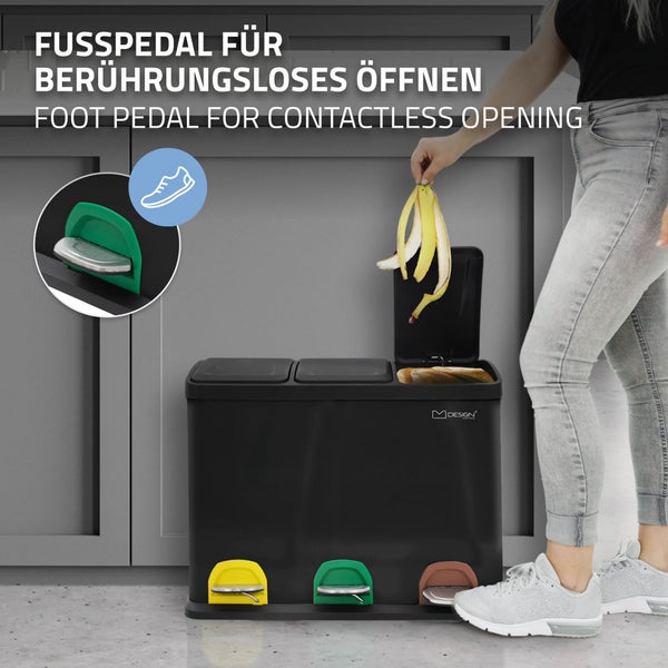 ML-Design Mülleimer Küche 3x 15L (45L), Schwarz, Mülltrennsystem 3 Fächer, Treteimer zur Mülltrennung, Abfalleimer aus Stahl mit Inneneimer aus Kunststoff & Klappdeckel, farblicher Kennzeichnung