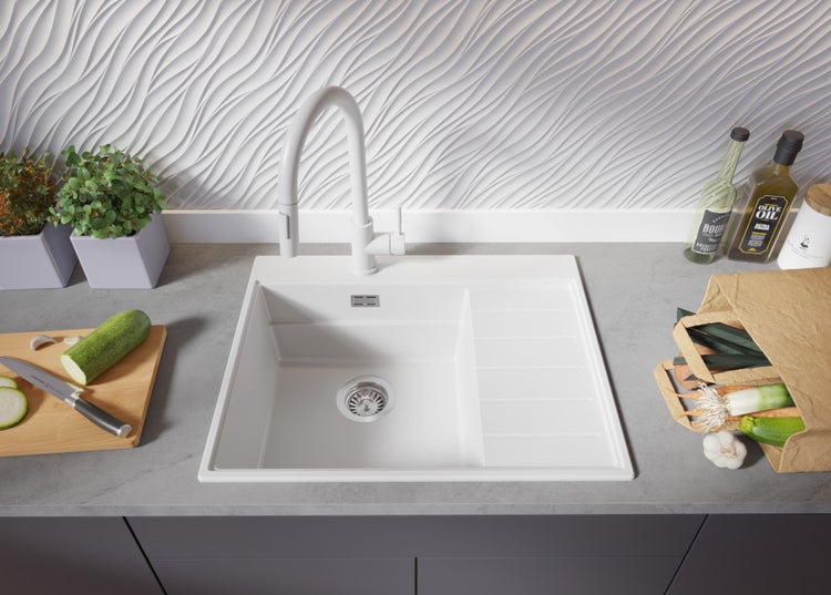 PRIMAGRAN Spülbecken Alles Weiß 62x50cm, Granitspüle 1 Becken + Ablauf-Set + Küchenzubehörset, Küchenspüle ab 45er Unterschrank - Sydney