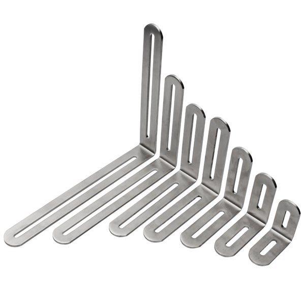 Winkelverbinder aus Metall mit Langlöchern in verschiedenen Größen