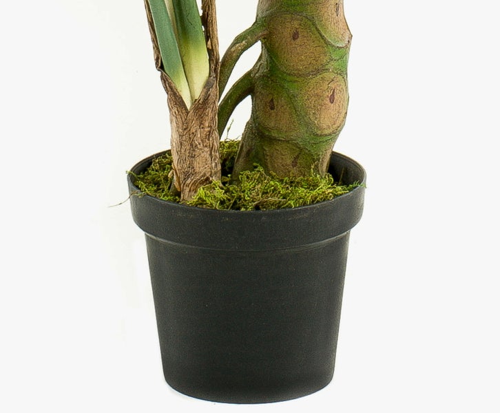 Künstliche Pflanze mit langen rötlich-grünen Blättern in einem schwarzen Topf