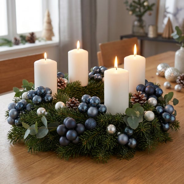Adventskranz mit vier brennenden Stumpenkerzen geschmückt mit Kugeln und Tannenzapfen auf einem Holztisch.