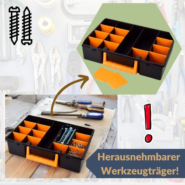 Werkzeugkasten mit herausnehmbarem Werkzeugträger zur Aufbewahrung von Werkzeugen und Kleinteilen