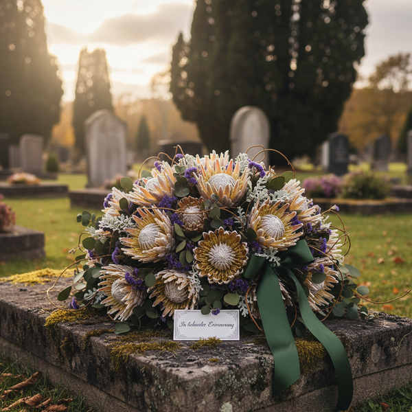 Grabgesteck mit Proteen, grünem Schleifenband und Karte In liebevoller Erinnerung auf einem moosbewachsenen Grabstein auf einem Friedhof.