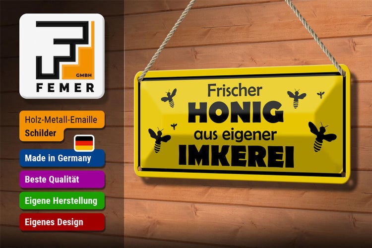 Blechschild Spruch 27x10cm frischer Honig eigene Imkerei Dekoration