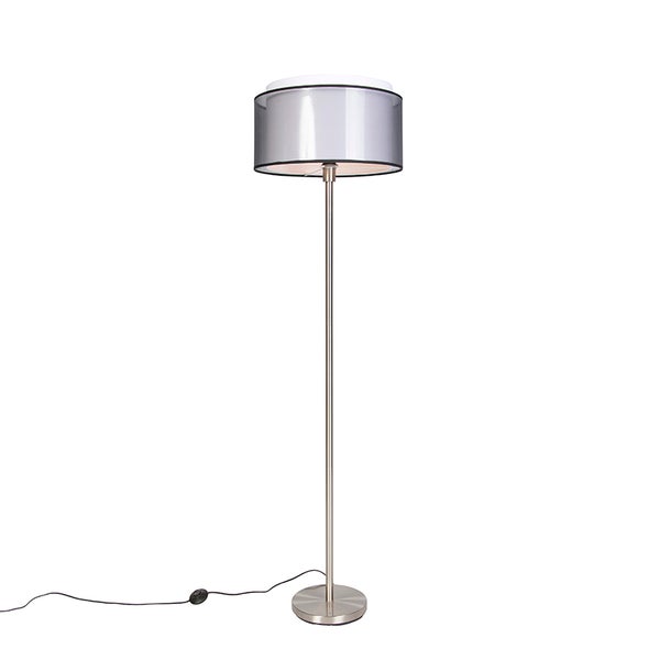 QAZQA - Design Stehleuchte I Stehlampe I Standleuchte I Lampe I Leuchte Stahl I Silber I nickel matt mit schwarzIweißen Schirm 47 cm - Simplo I Wohnzimmer I Schlafzimmer - Textil Zylinder I Länglich -