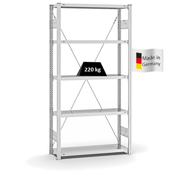 PROREGAL Fachbodenregal Stecksystem T-Profil Medium-Duty Grundregal HxBxT 200 x 100 x 30 cm 5 Ebenen Fachlast 220 kg Einseitig Nutzbar Lichtgrau