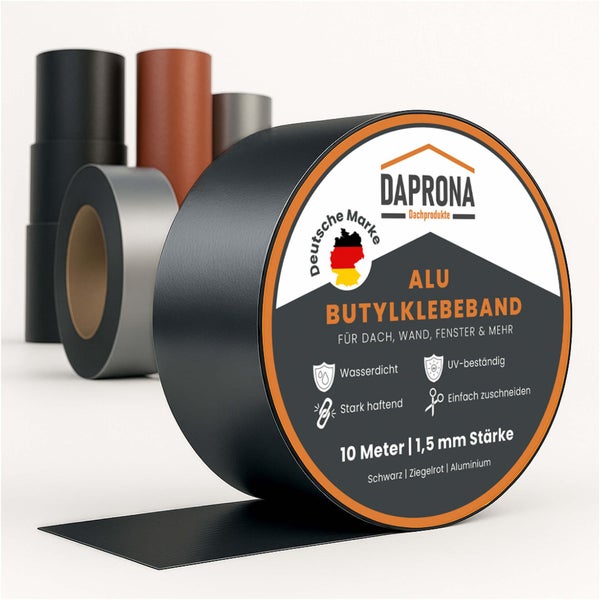 Schwarzes Daprona Aluminium Butylklebeband zur Abdichtung von Dach und Wand, 10 Meter lang, 1,5 Millimeter stark, wasserdicht und UV-beständig.