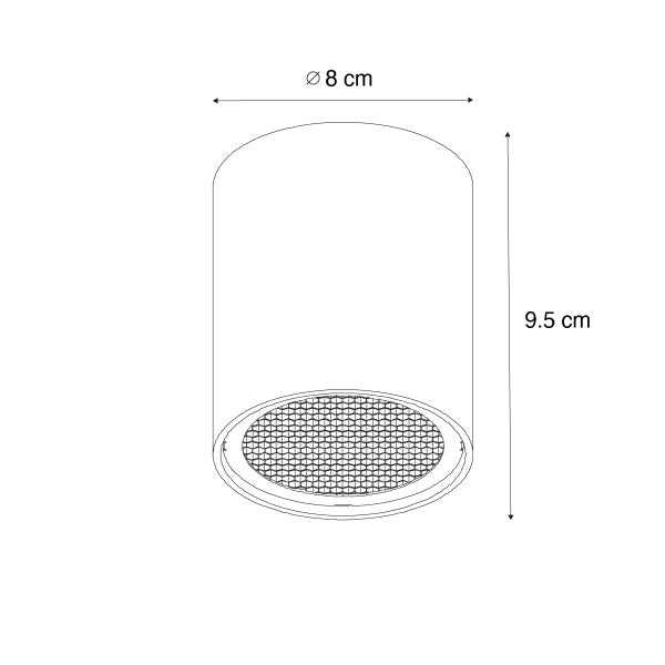 Technische Zeichnung eines Ablaufs mit den Maßen 8 cm Durchmesser und 9,5 cm Höhe.