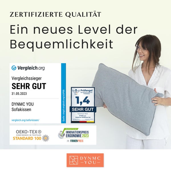 DYNMC you Sofakissen mit Füllung und Bezug - 2er Set 40x60cm mit Viel Füllung - VERGLEICHSSIEGER SEHR GUT - Rückenkissen mit Oeko TEX Baumwoll-Bezug - Bequeme Dekokissen - Couchkissen Grau