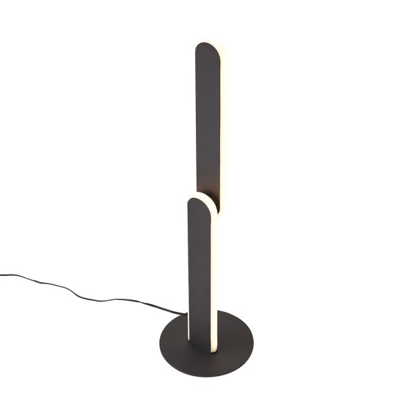 Moderne schwarze LED Stehleuchte mit zwei versetzten leuchtenden Elementen und rundem Fuß.