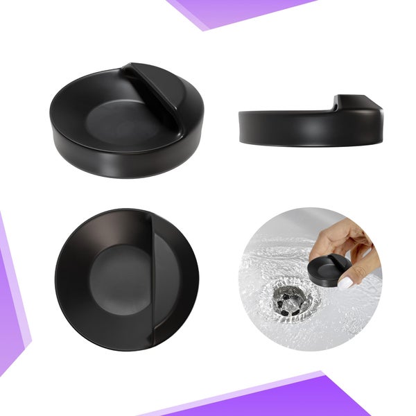 Mehrere Ansichten eines schwarzen Spülbeckenstöpsels mit Griff