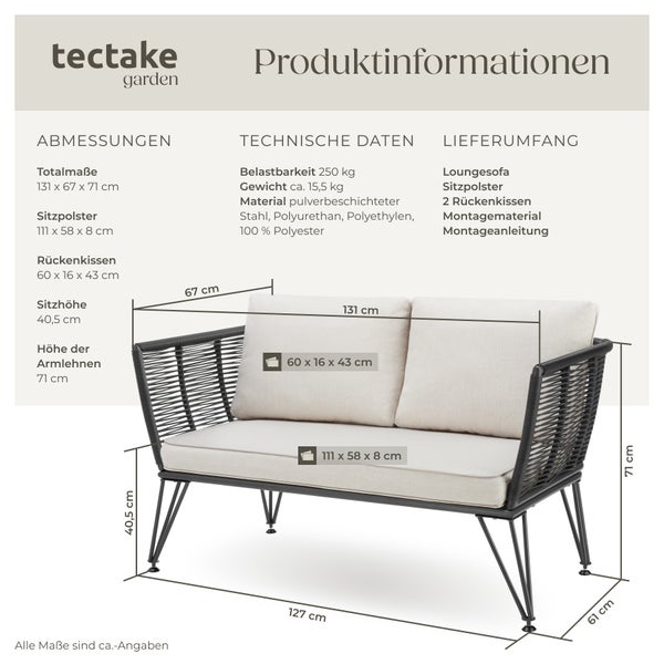 Garten-Loungesofa tectake Sundo 131 x 67 x 71 cm rundes Polyrattan im Rope-Design anthrazit