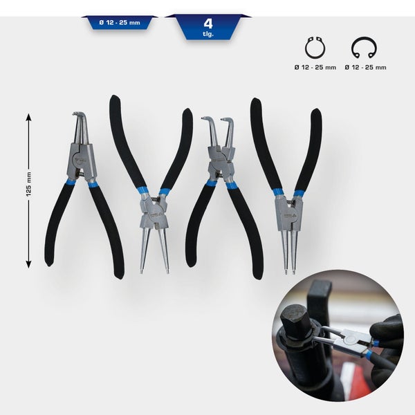 Sprengringzangen Set, vierteilig, für Durchmesser von 12 bis 25 Millimeter