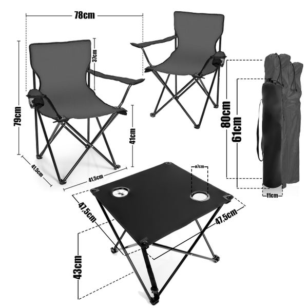 Campingmöbelset bestehend aus zwei Campingstühlen, einem Campingtisch und Tragetaschen mit Maßangaben