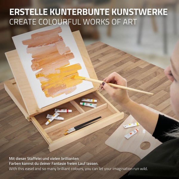 ECD Germany Tischstaffelei aus Holz mit Schublade und Palette, Holzstaffelei klein mit Aufbewahrungsfach, Sitzstaffelei tragbar & verstellbar, Kofferstaffelei zum Malen & Zeichnen, Malkoffer Malkasten