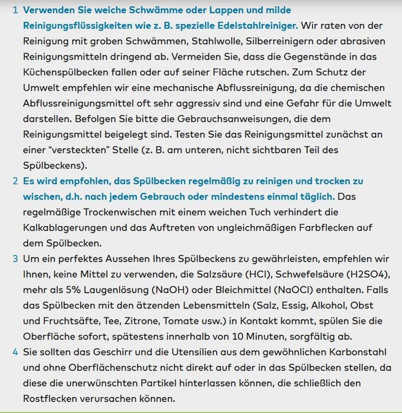 Pflegehinweise für Edelstahlspülen mit Empfehlungen zur Reinigung, Vermeidung von Kratzern und Hinweisen zu chemischen Reinigungsmitteln.