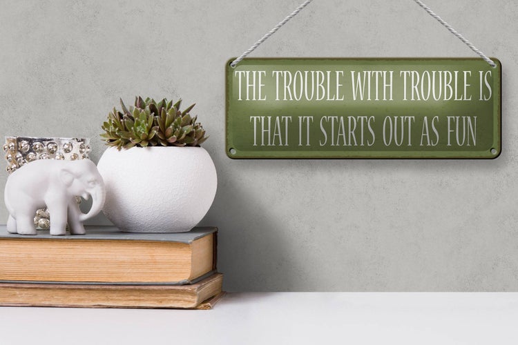 Blechschild Spruch 27x10cm the trouble with trouble is that Dekoration