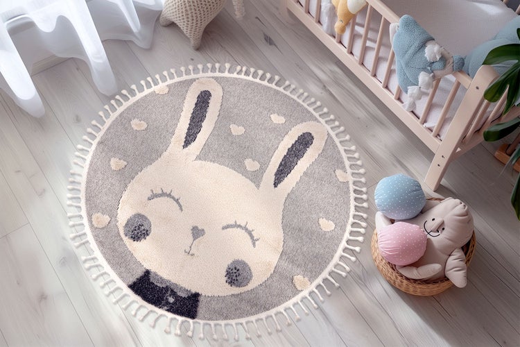 Runder Kinderteppich mit Hasenmotiv und Fransen in einem gemütlichen Kinderzimmer.