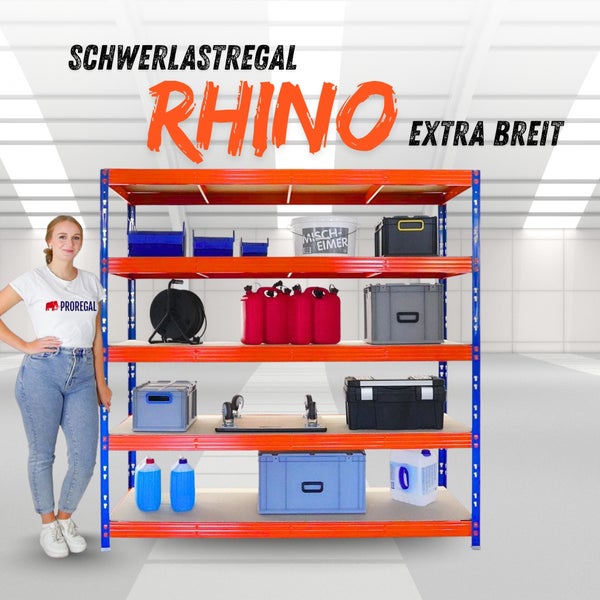 Schwerlastregal Rhino extra breit von Proregal mit fünf Ebenen, bestückt mit verschiedenen Lagerboxen und Werkzeugkoffern.