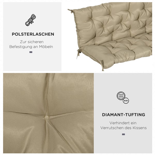 Outsunny 3 Sitzer Bankauflage 150x98x8 cm, Bankkissen mit Bändern, Sitzkissen, Outdoor/Indoor Stuhlkissen, Sitzauflage, Sitzpolster für Gartenmöbel, Fensterbank Sitzbank, Hollywoodschaukel, Khaki