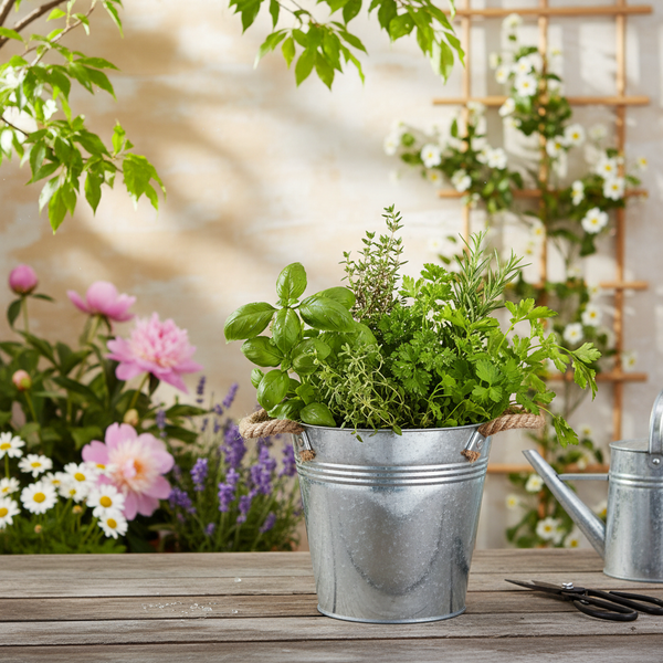 Frische Kräuter wie Basilikum und Petersilie in einem Zinkeimer mit Seilgriffen auf einem Holztisch in einem hellen Garten mit Blumen.