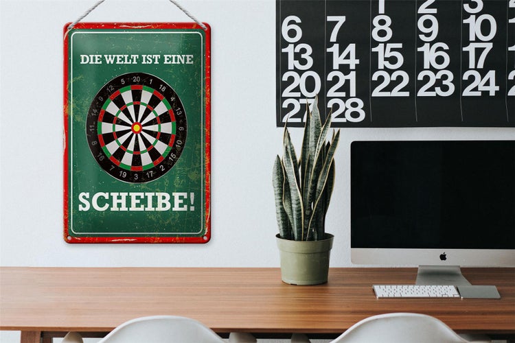 Blechschild Spruch 20x30cm Die Welt ist eine Scheibe Dartscheibe Dart